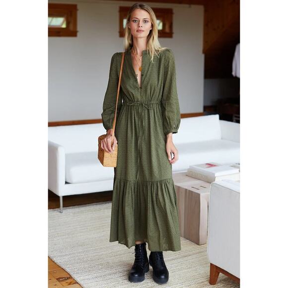 Emerson Fry India Collection Frances 3 Swiss Dot Organic Midi Dress Moss Size M - Picture 1 of 10